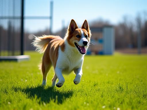 緑の芝生の上を走る楽しそうな犬