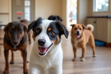 デイケアで一緒に遊ぶ数匹の犬