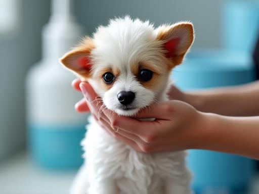 グルーマーにシャンプーされている快適そうな小型犬