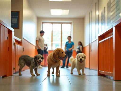 おもちゃで遊ぶ犬たちがいる明るい屋内プレイエリア