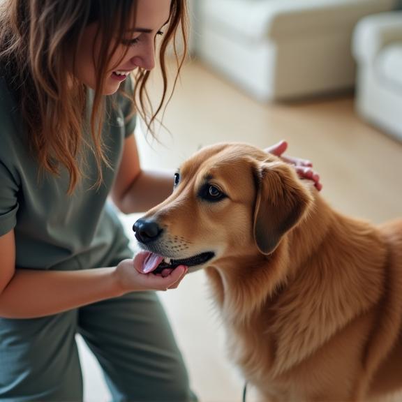 スタッフが優しく犬の頭を撫でている様子