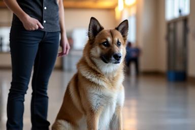 トレーナーの指示を待つ従順な犬